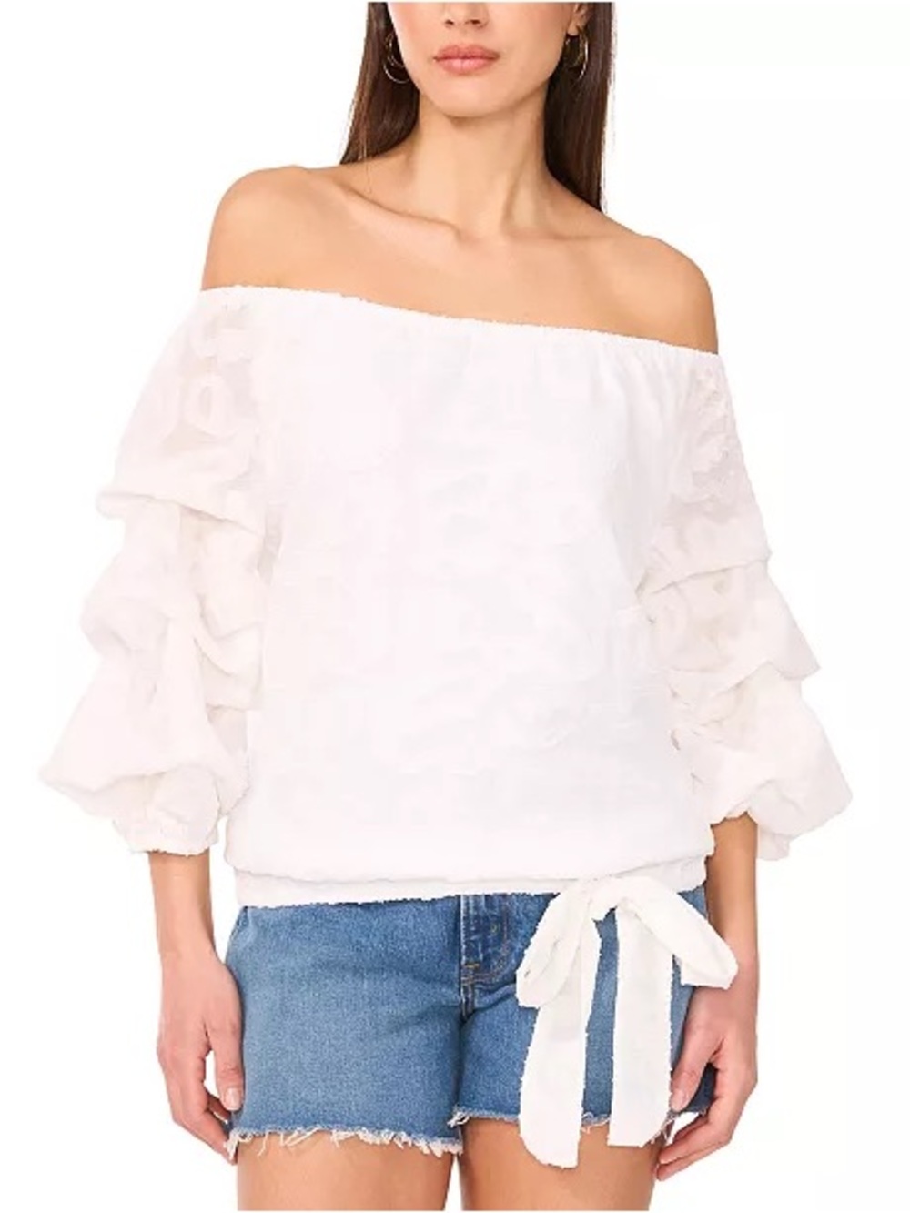 Vince Camuto Off Shoulder Blouse White Bubble Sleeve Side Tie Boho Top